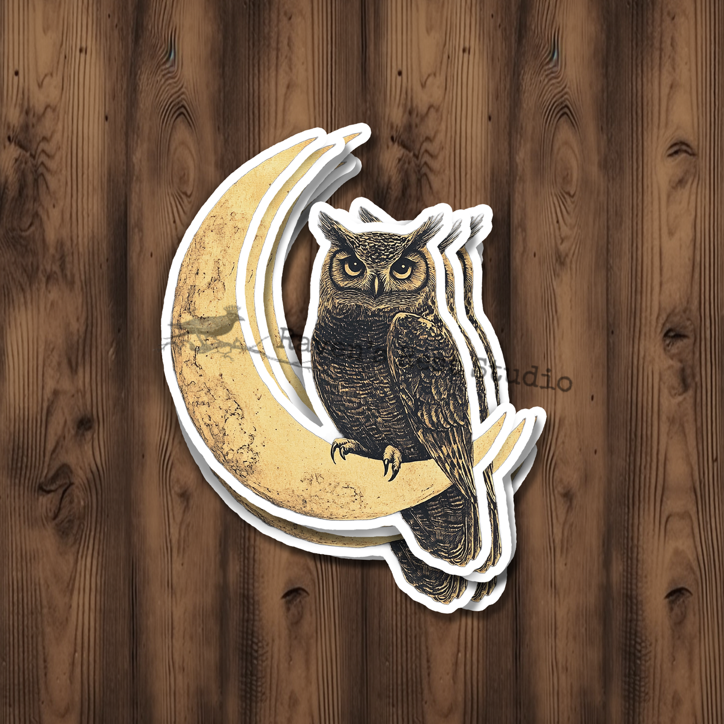 Vintage Style Owl Resting on a Crescent Moon Sticker