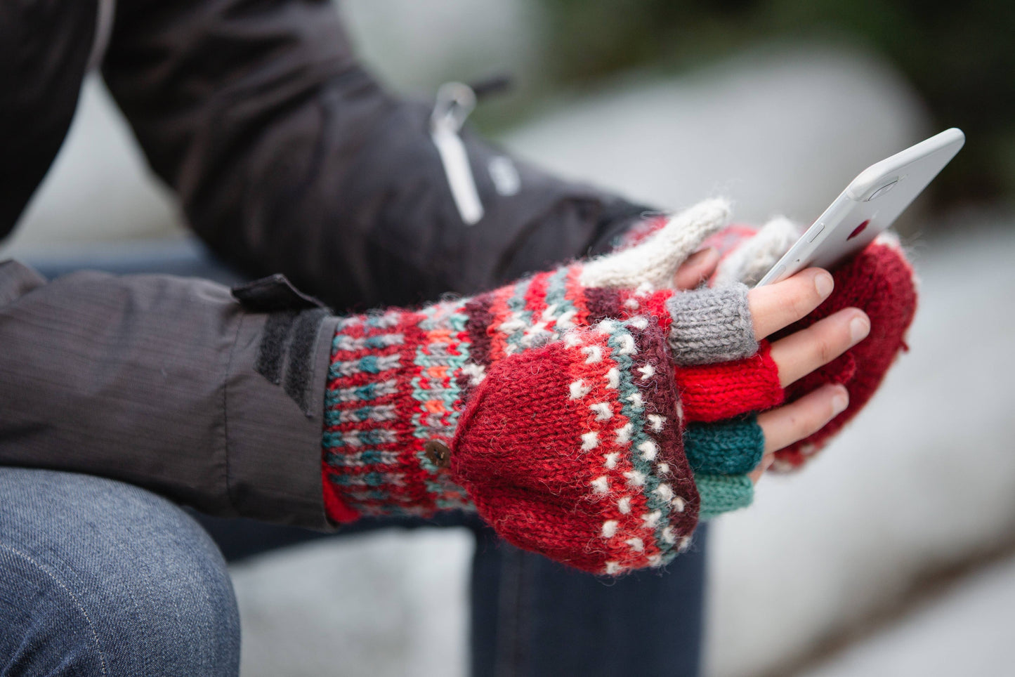 Jasper Wool Convertible Mittens with Nordic Knit Pattern: Aqua
