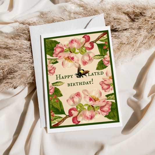Happy BEE-lated Birthday | Vintage Bee Flowers Card