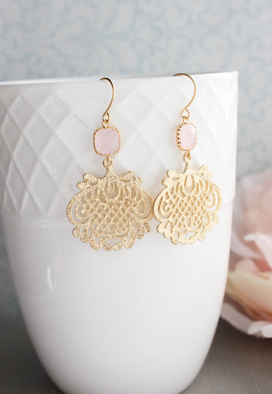 Gold Filigree Earrings | Pink Glass Jewel - 0130