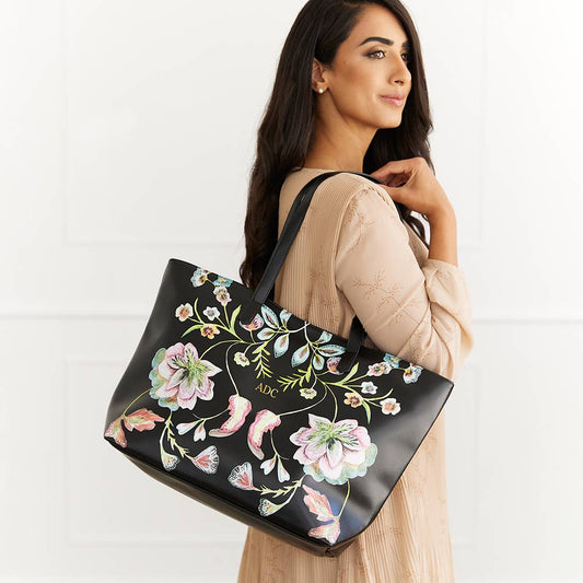 Faux Leather Tote Bag | Black Vintage Floral