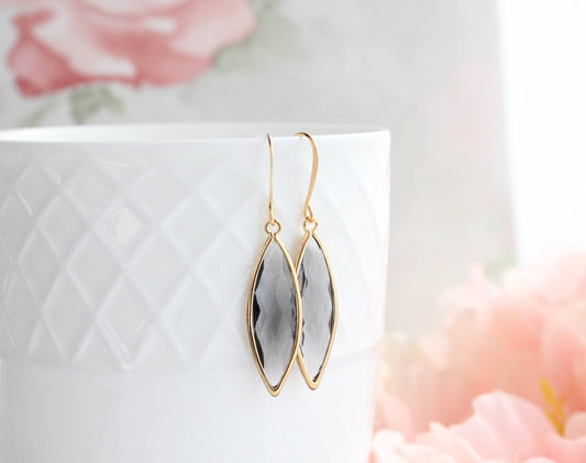 Glass Marquis Drop Earrings - Smoke Grey/Gold - 221