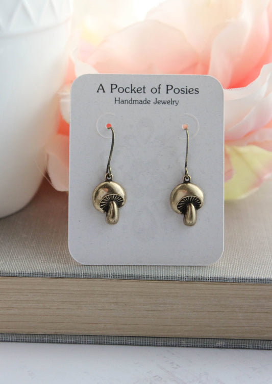Little Mushroom Earrings - Antiqued Gold Brass - 123