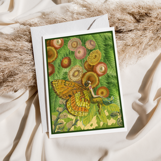 Vintage Butterfly Fairy Girl | Green Orange Greeting Card