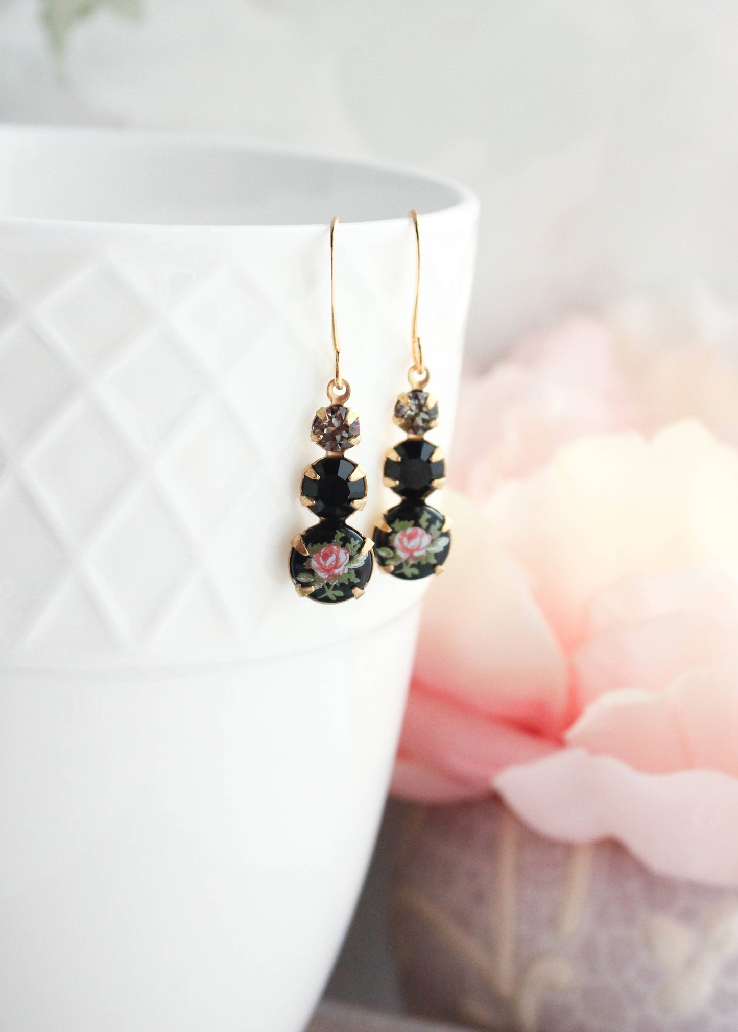 Vintage Glass Earrings | Black w/ Pink Rose - 211