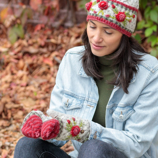 Aubrey Floral Embroidered Wool Flip Mittens | Handwarmer: Aqua
