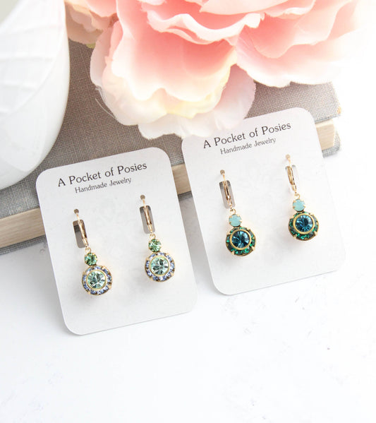 Art Deco Floral Earrings | Dark Teal & Emerald Green Glass - 301