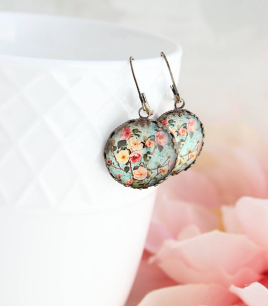 Floral Earrings | Flowers and Leaves | Aqua Mint 145