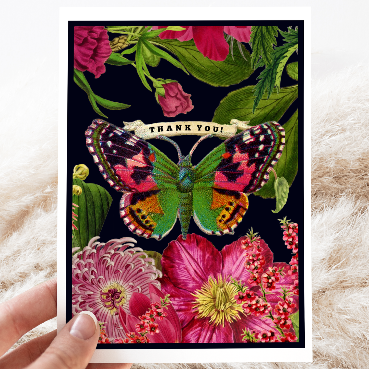 Vintage Butterfly | Pink Flowers Thank You Card