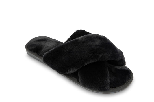 Black Plush Crossband Slide House Slippers