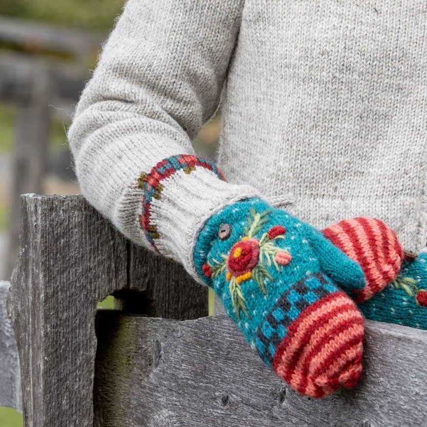 Aubrey Floral Embroidered Wool Flip Mittens | Handwarmer: Begonia