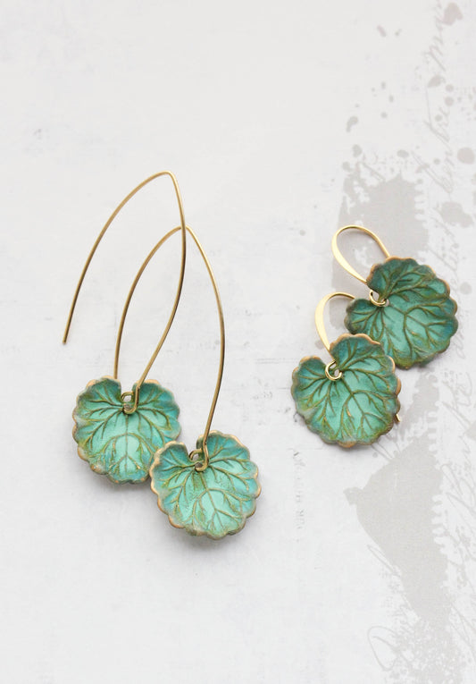 Lily Pad Earrings Long Wire | Verdigris Patina - 011L