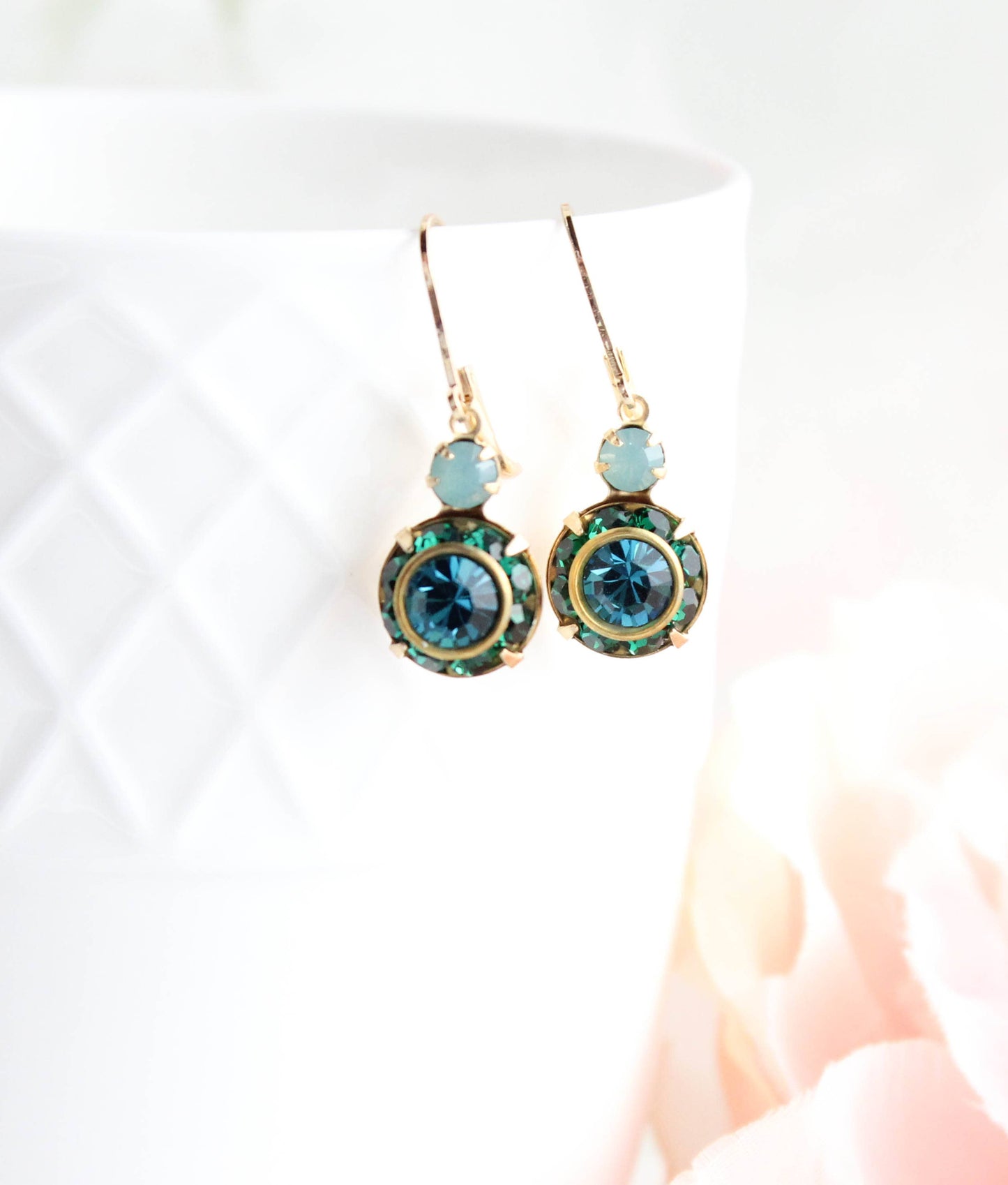 Art Deco Floral Earrings | Dark Teal & Emerald Green Glass - 301