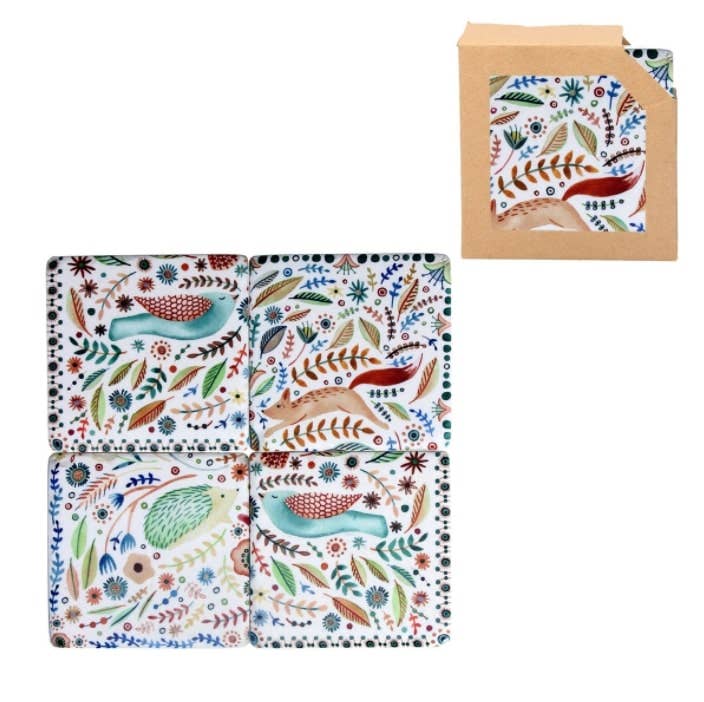 Set of 4 Folk Woodland Animals Resin Coaster