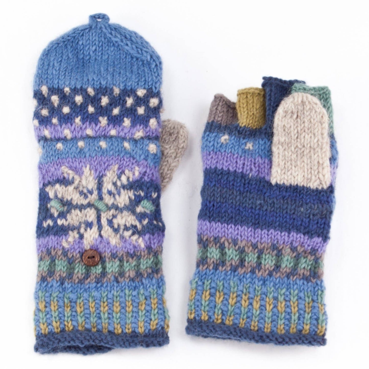 Jasper Wool Convertible Mittens with Nordic Knit Pattern: Brown