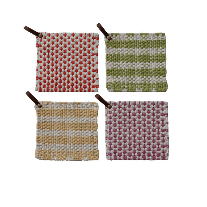 8" Square Cotton Crocheted Pot Holder w/ Leather Strap