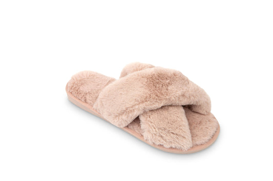 Pink Plush Crossband Slide House Slippers
