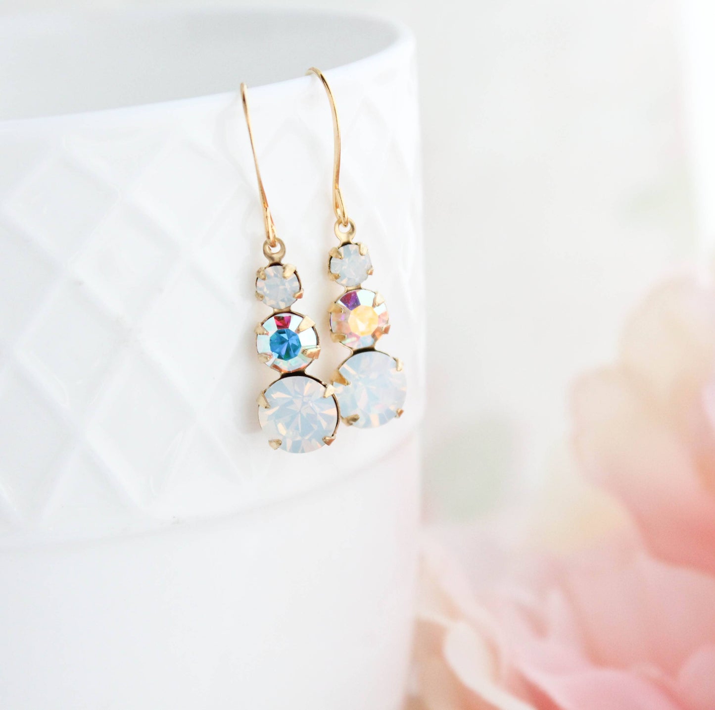 Vintage Glass Earrings - Three Jewel - White Opal Glass