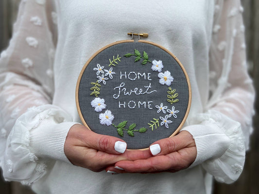 Home Sweet Home Embroidery Kit | Grey with White Flowers