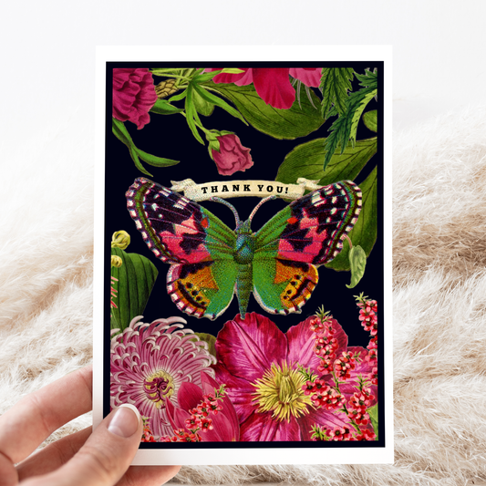 Vintage Butterfly | Pink Flowers Thank You Card