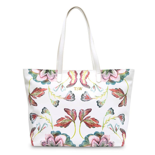 Faux Leather Tote Bag | White Vintage Floral