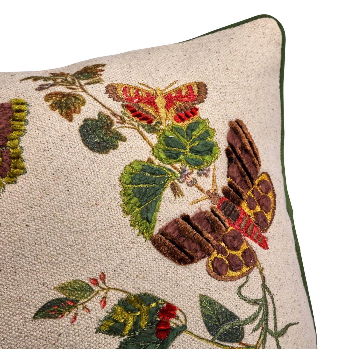 24" x 12" Cotton Lumbar Pillow w/ Butterflies, Flowers, Embroidery & Piping