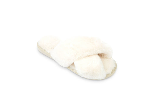 White Plush Crossband Slide House Slippers