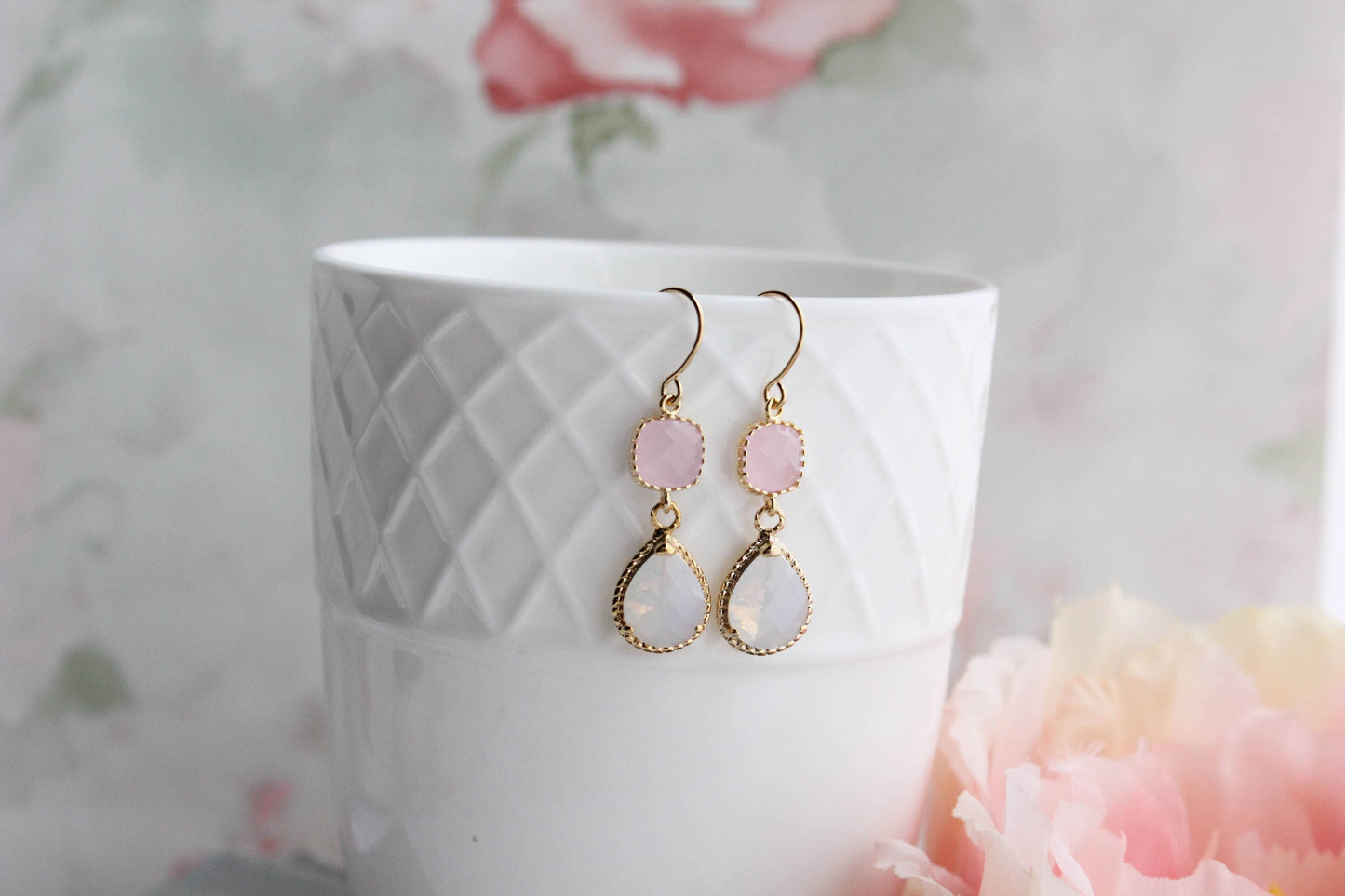 Opal and Pink | Glass Dangle Earrings - 347