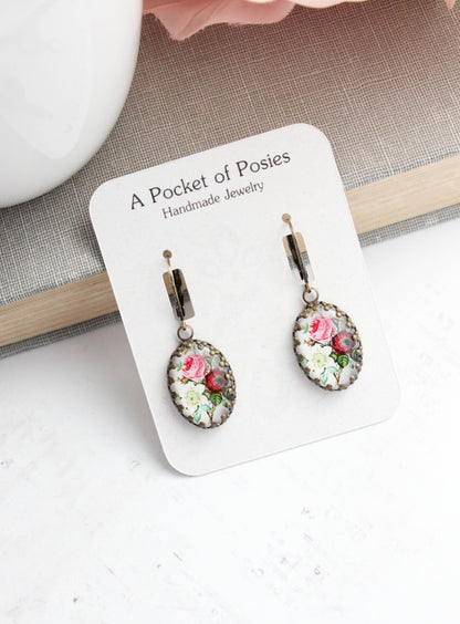 Floral Earrings | Vintage Style Botanical Red Pink and White 305