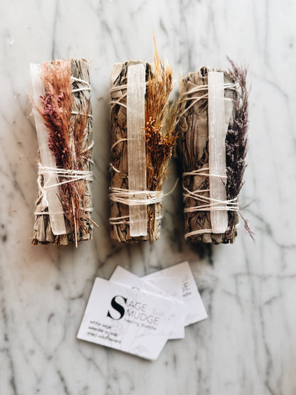 Healing Smudge Bundle, with Sage, Selenite, and Wildflowers