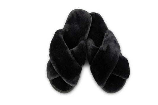 Black Plush Crossband Slide House Slippers