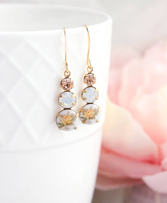 Yellow Rose Earrings | Vintage Glass - 205