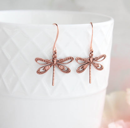 Dragonfly Earrings |  Rose Copper Earrings | Nature Jewelry - 101