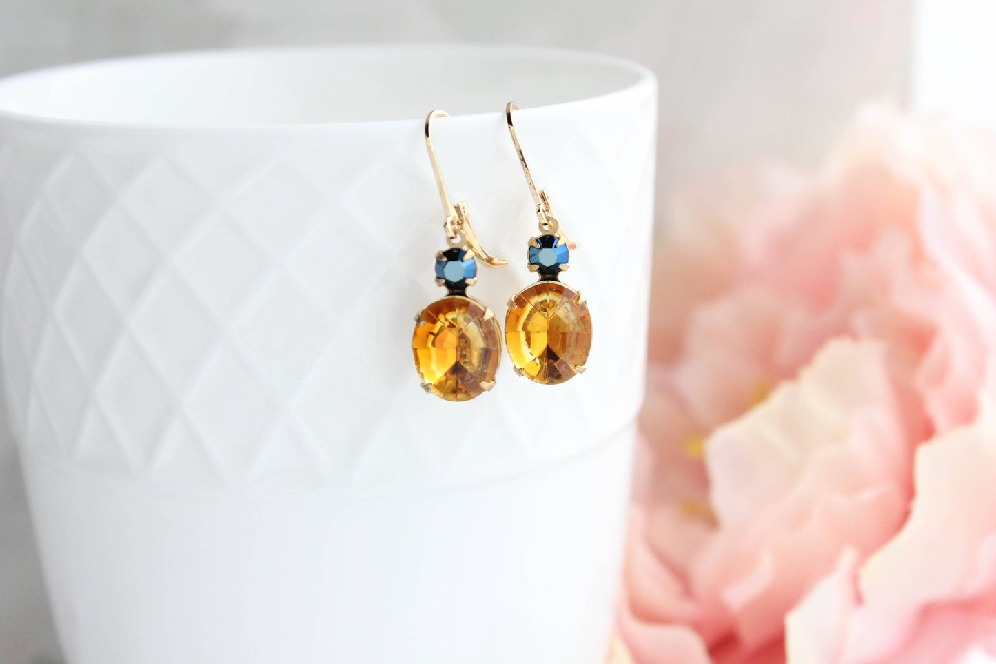 Topaz and Navy Blue Oval Drop Earrings | Vintage Glass - 213