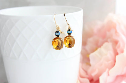 Topaz and Navy Blue Oval Drop Earrings | Vintage Glass - 213