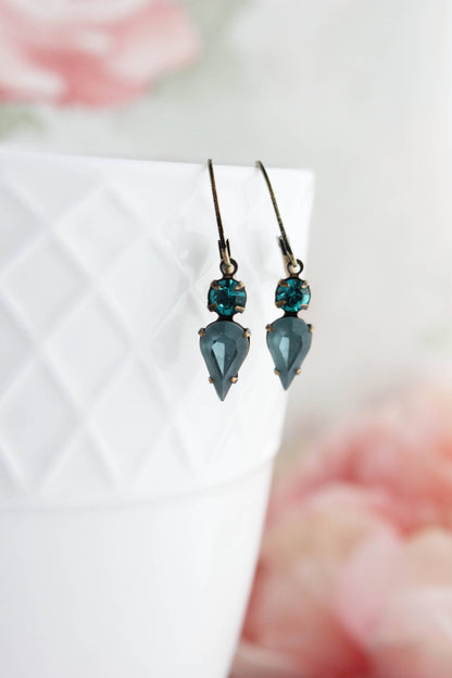 Tiny Vintage Glass Drop Earrings | Peacock Blue | #235