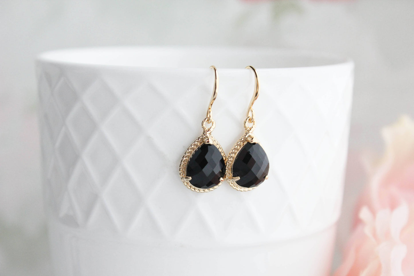 Black Onyx Glass Teardrop Earrings | Gold Rope Setting - 106