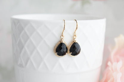 Black Onyx Glass Teardrop Earrings | Gold Rope Setting - 106