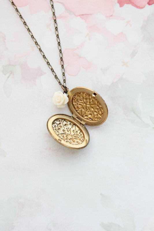 Sage Green Photo Locket Necklace + Cream Rose Charm