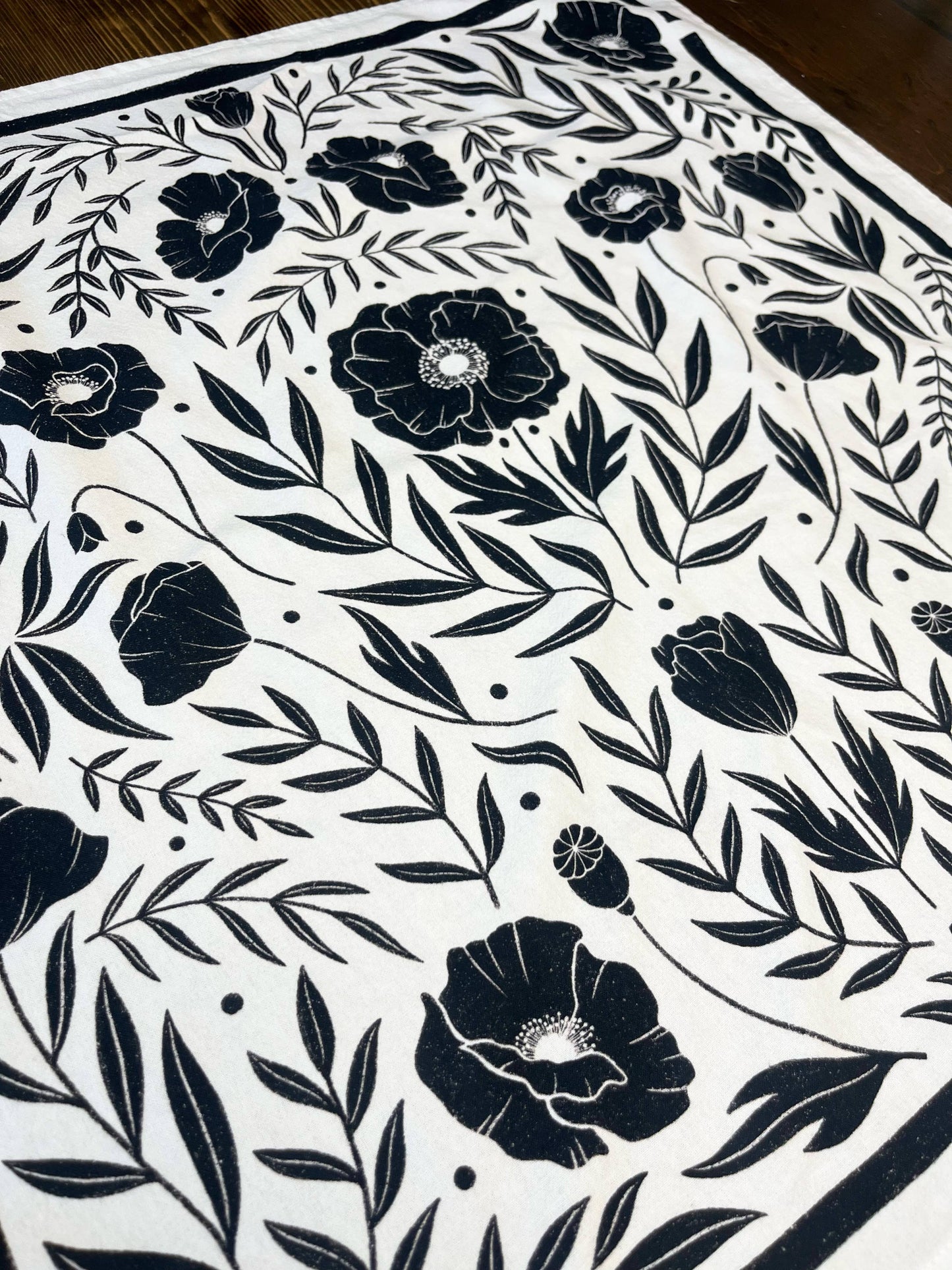 Black Floral Flour Sack Towel  |  Black Poppy Tea Towel