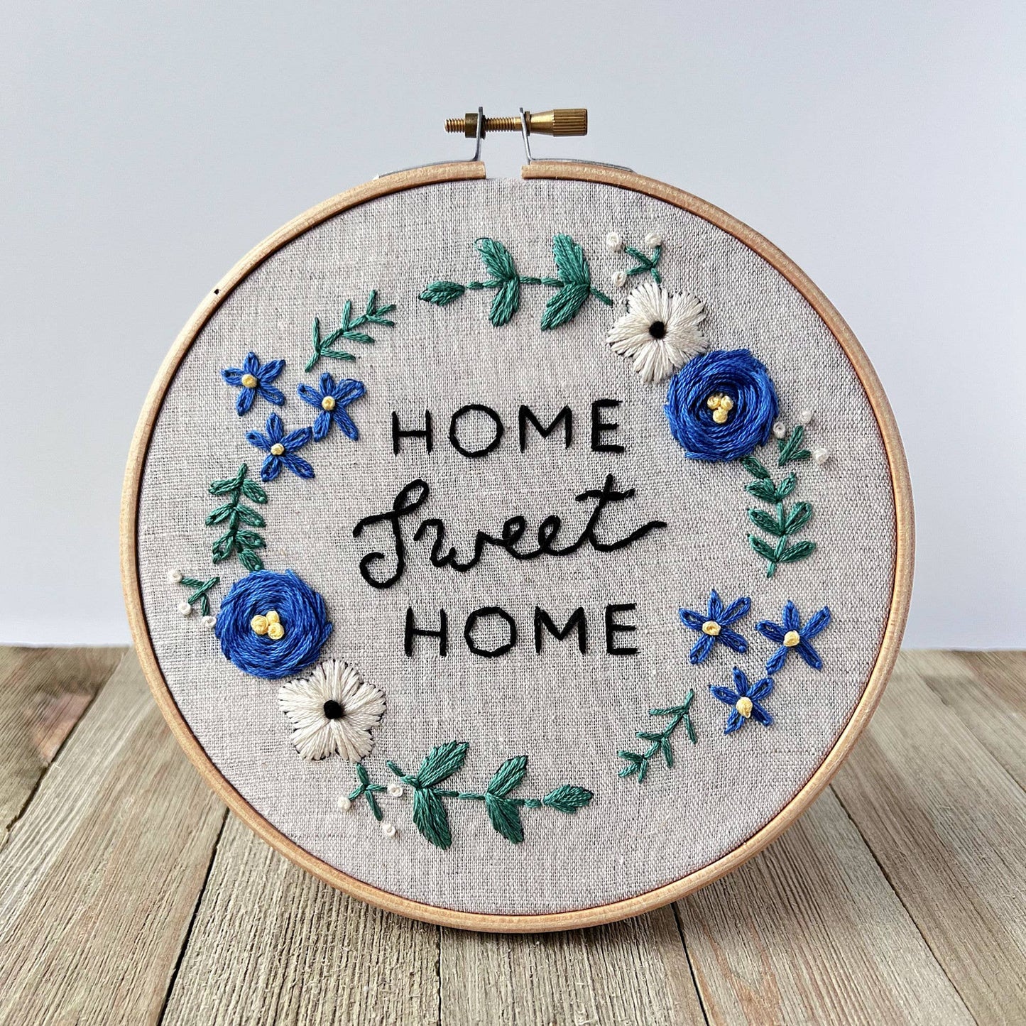 Home Sweet Home Embroidery Kit: Beige with Blue Flowers
