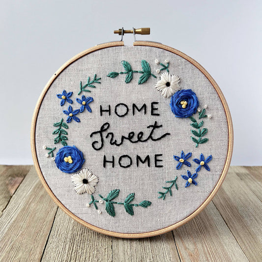 Home Sweet Home Embroidery Kit: Beige with Blue Flowers