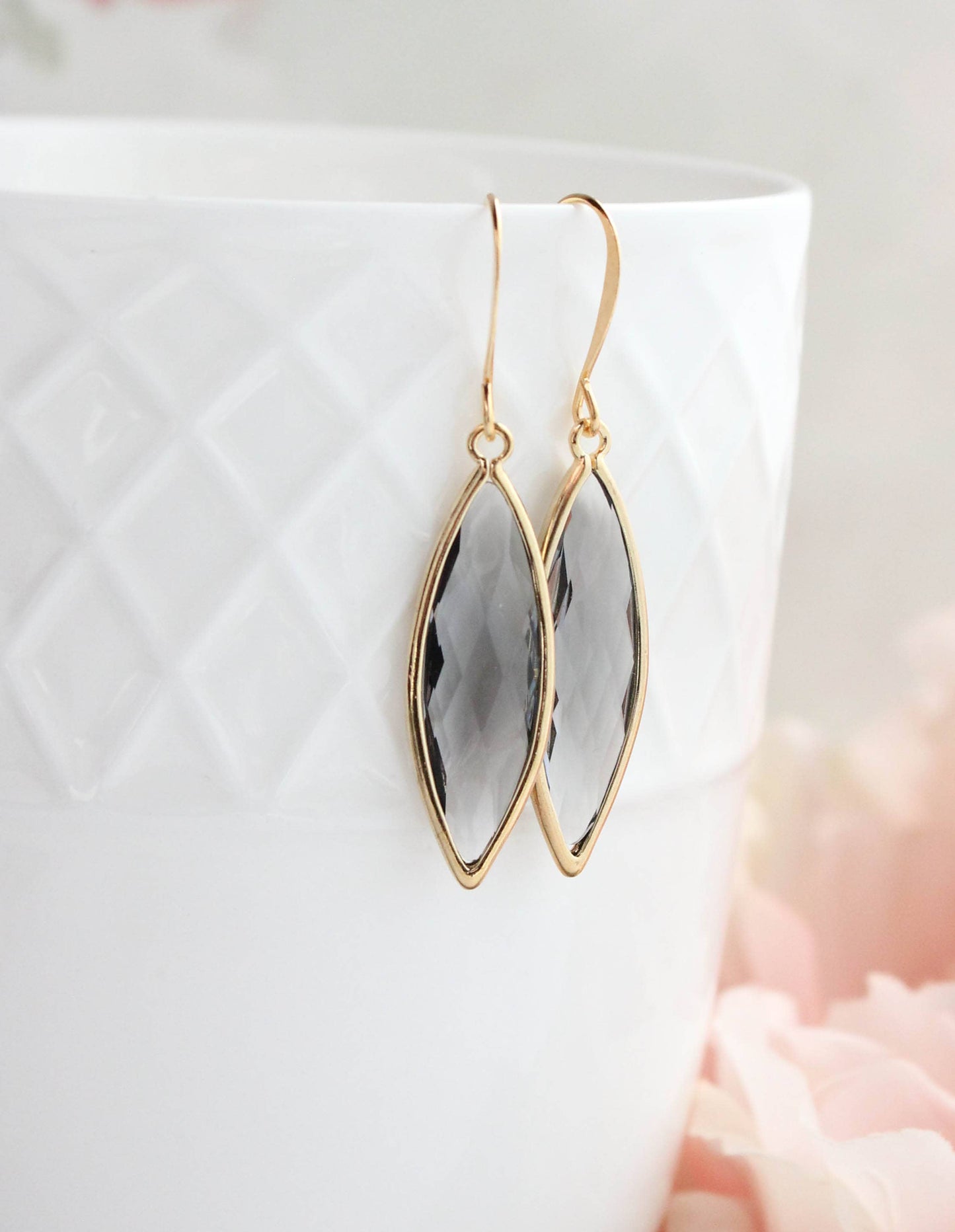 Glass Marquis Drop Earrings - Smoke Grey/Gold - 221