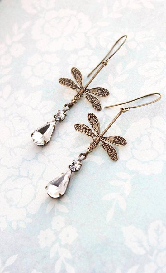 Dragonfly Crystal Sparkling Vintage Glass Earrings: Fish hook