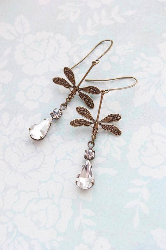 Dragonfly Crystal Sparkling Vintage Glass Earrings: Fish hook