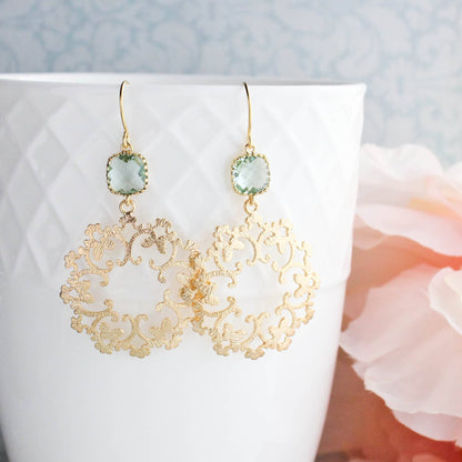 Gold Filigree and Aqua Glass Earrings | Modern Dangles - 142
