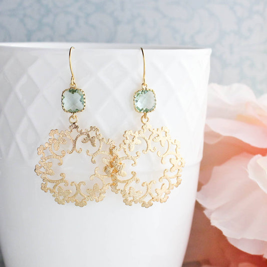 Gold Filigree and Aqua Glass Earrings | Modern Dangles - 142