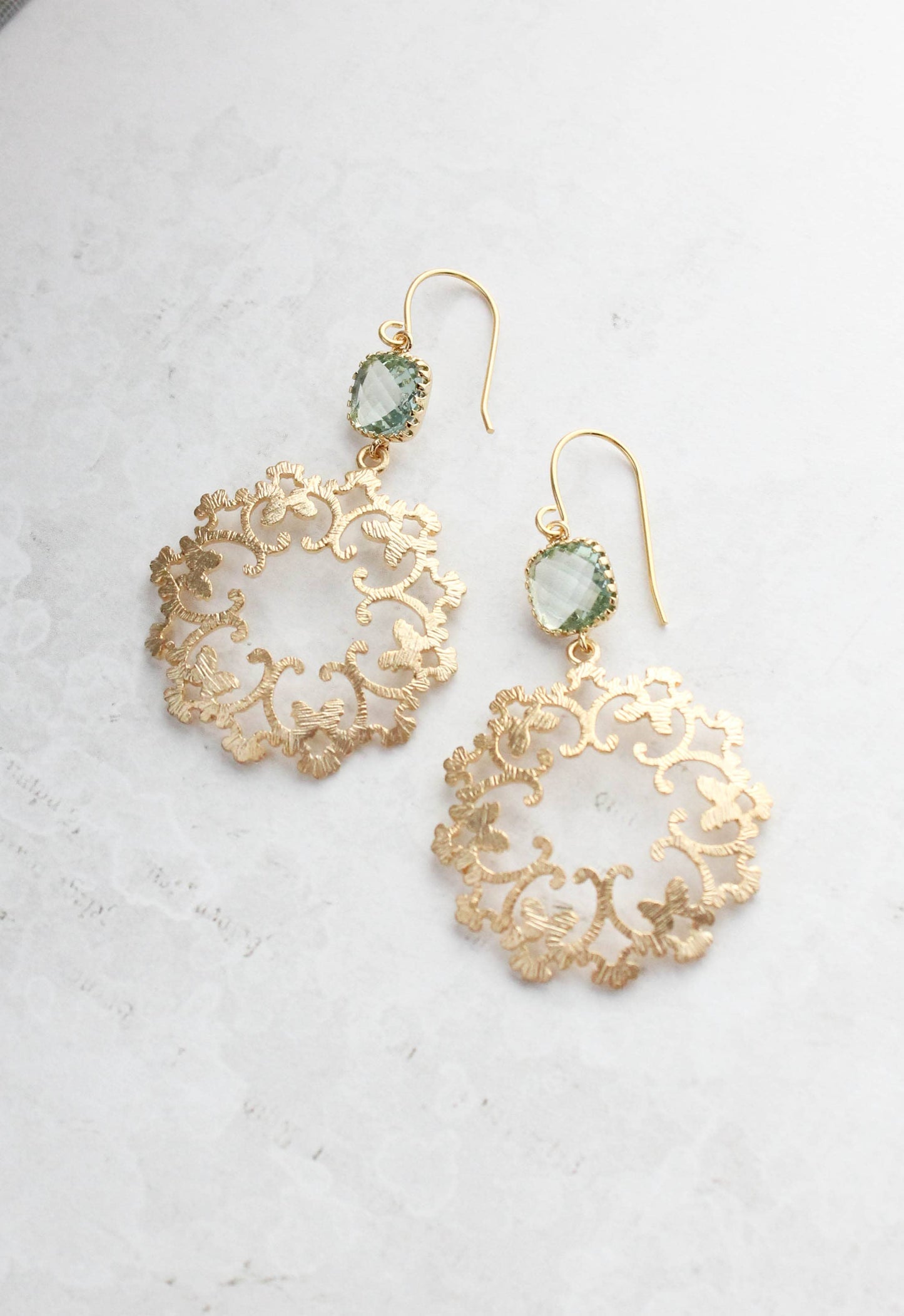 Gold Filigree and Aqua Glass Earrings | Modern Dangles - 142