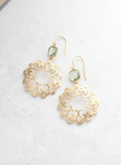 Gold Filigree and Aqua Glass Earrings | Modern Dangles - 142