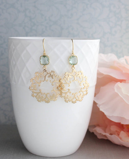 Gold Filigree and Aqua Glass Earrings | Modern Dangles - 142